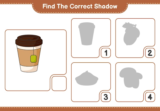 Find the correct shadow. Find and match the correct shadow of Tea Cup. Educational children game, printable worksheet, vector illustration