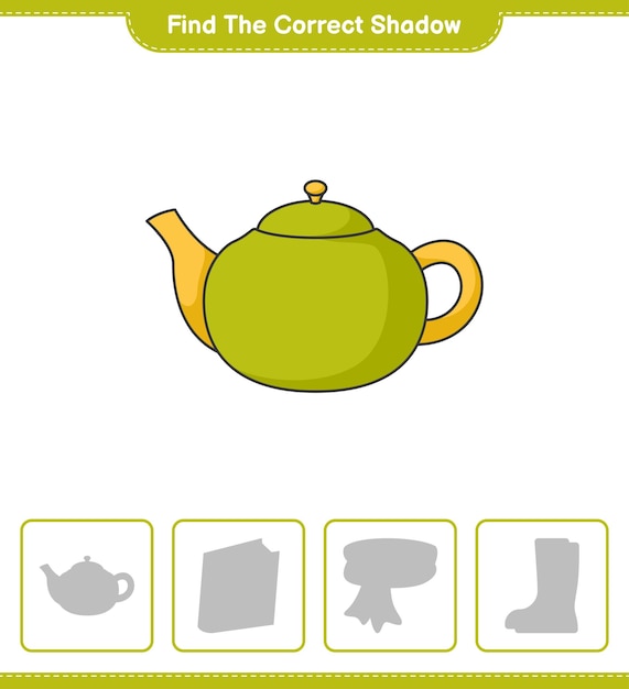 Find the correct shadow. Find and match the correct shadow of Teapot. Educational children game, printable worksheet, vector illustration