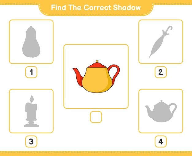 Найдите правильную тень. Найдите и сопоставьте правильную тень Чайника. Развивающая детская игра, лист для печати, векторные иллюстрации