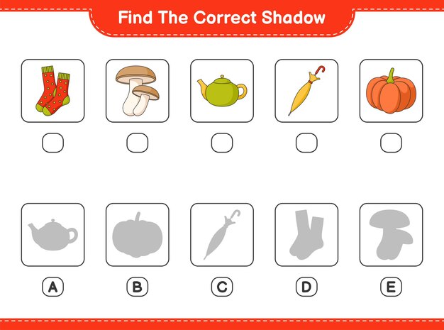 Найдите правильную тень. Найдите и сопоставьте правильную тень чайника, зонтика, тыквы, носков, шиитаке. Развивающая детская игра, лист для печати, векторные иллюстрации