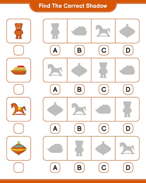 Find the correct shadow Find and match the correct shadow of Teddy Bear Rocking Horse Boat and Whirligig Toy Educational children game printable worksheet vector illustration