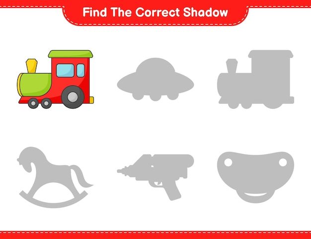 Find the correct shadow find and match the correct shadow of train educational children game printable worksheet vector illustration