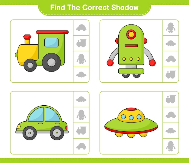 正しい影を見つける列車ロボットキャラクターカーとUfo教育の子供たちのゲームの印刷可能なワークシートのベクトル図の正しい影を見つけて一致させる