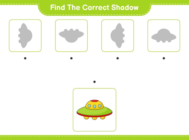 Trova l'ombra corretta trova e abbina l'ombra corretta dell'illustrazione vettoriale del foglio di lavoro stampabile del gioco per bambini ufo educational
