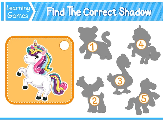 Find the correct shadow find and match the correct shadow of unicorn kids educational game printable worksheet vector illustration