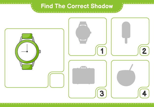 Find the correct shadow. Find and match the correct shadow of Watches. Educational children game, printable worksheet, vector illustration