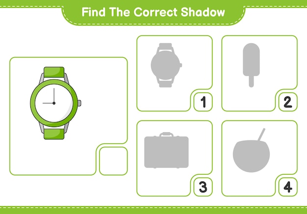 올바른 그림자를 찾으십시오. 시계의 올바른 그림자를 찾아 일치시킵니다. 교육 어린이 게임, 인쇄용 워크시트, 벡터 일러스트 레이 션