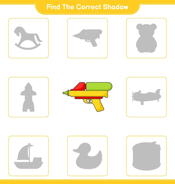 Find the correct shadow Find and match the correct shadow of Water Gun Educational children game printable worksheet vector illustration