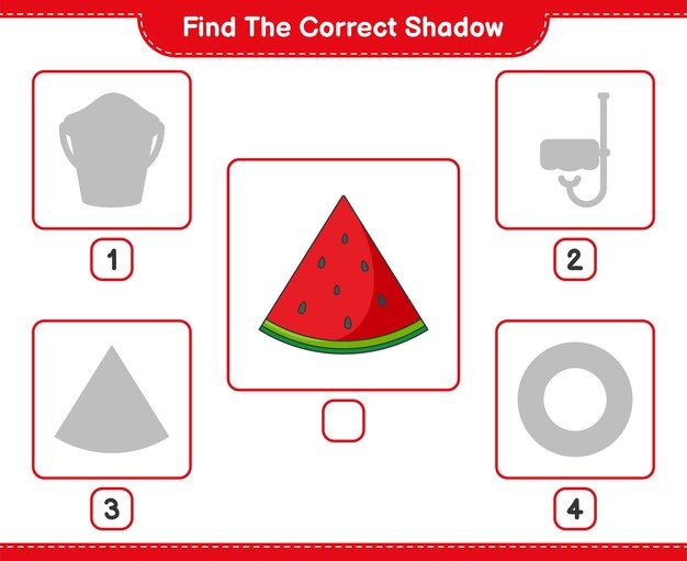 Find the correct shadow. Find and match the correct shadow of Watermelon. Educational children game, printable worksheet, vector illustration