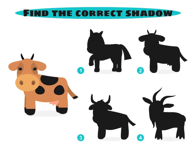 Find correct shadow. Funny cartoon farm animals. Education and activity game for children.