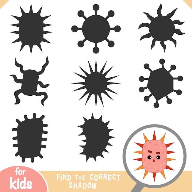 Vettore trova il gioco d'ombra corretto per i bambini carattere di batteri e virus carini