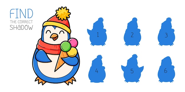 Vettore trova il gioco di ombra corretto con il pinguino con il gelato gioco educativo per bambini pinguino cartoon carino gioco di corrispondenza di ombre illustrazione vettoriale