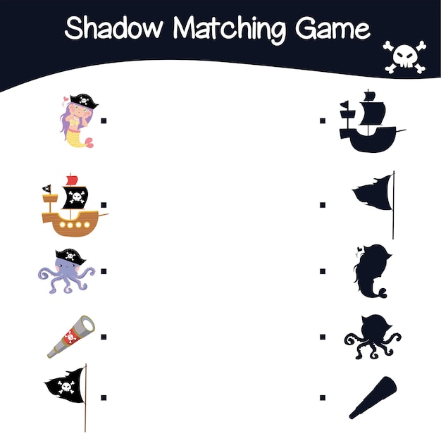 Find the correct shadow. Kids educational game. Cute adorable pirate items. Vector illustration.