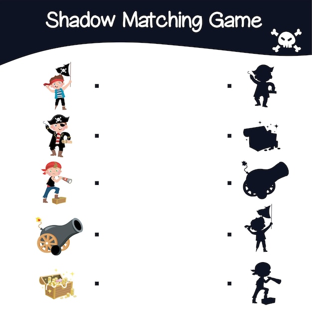 Find the correct shadow. Kids educational game. Cute adorable pirate items. Vector illustration.