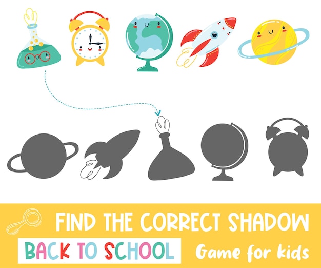 Vector find the correct shadow kids mini gsme with cute kawaii school characther back to school activites for preschool children