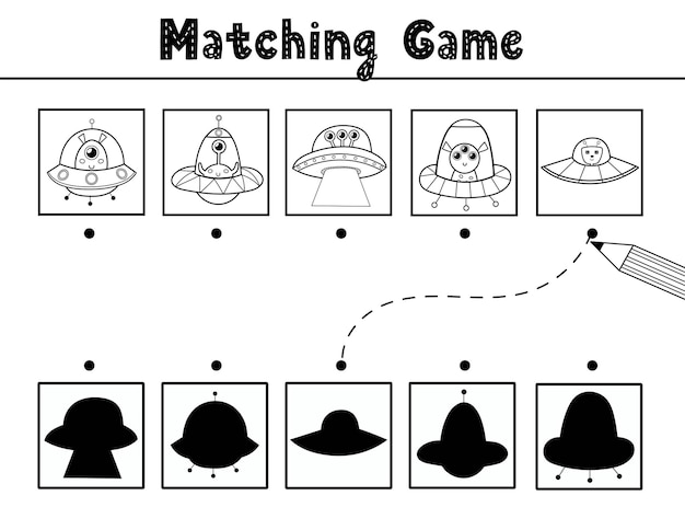 Find the correct shadow matching game with cute aliens in flying saucers black and white space