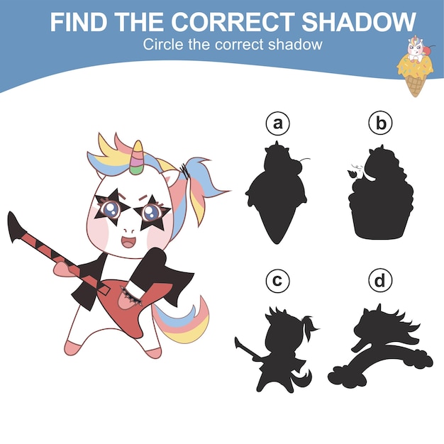 Find the correct shadow Matching unicorn shadow game for children Worksheet for kid Vector file