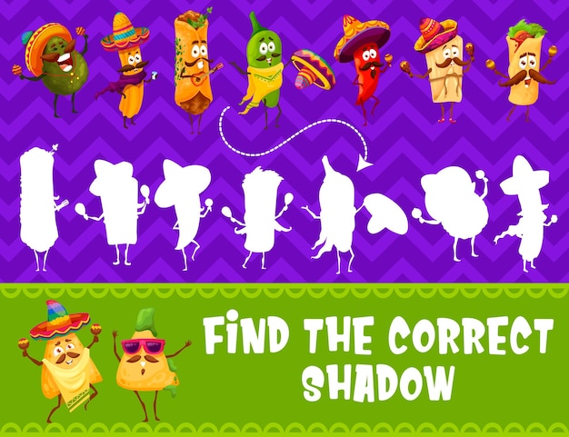 Vector find the correct shadow of mexican food characters