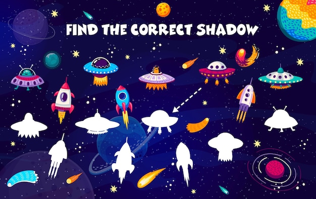 Find the correct shadow of rocket and UFO spaceships kids game worksheet Vector matching quiz puzzle with cartoon rockets and flying saucers on starry space landscape background fantasy space game