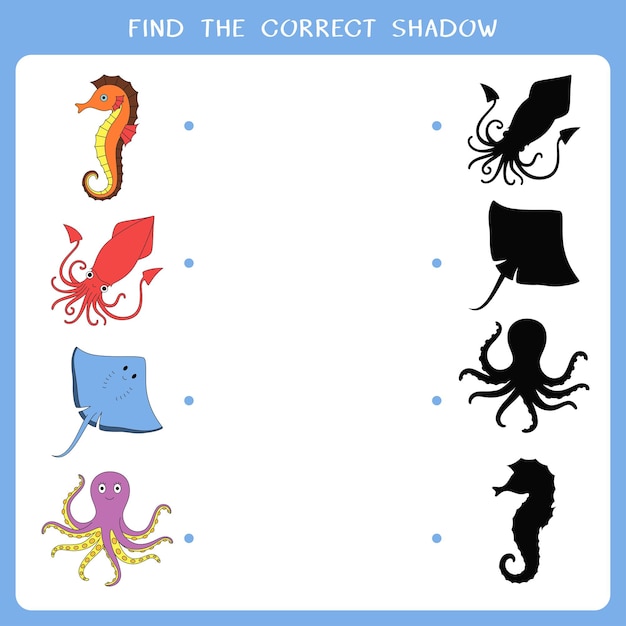 Find the correct shadow for sea animals Vector worksheet