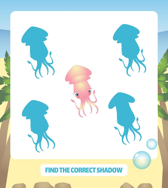 Find the correct shadow Squid in cartoon style marine life collection Game for children