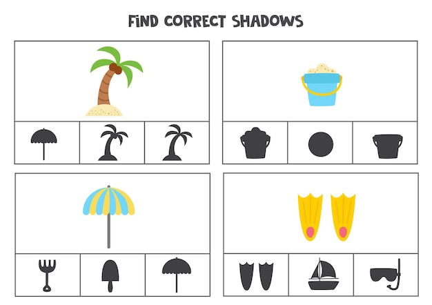 Find correct shadow of summer elements. printable clip card games for children.