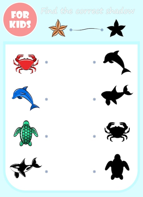 Find correct shadow vector cartoon template educational game for kids preschool learning concept book doodle sea fish animal shape isolated set elementary choose page matching game for children