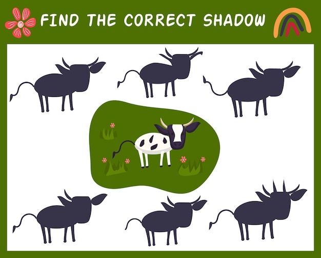 Find the correct shadow with farm animal Matching game for kid with cow