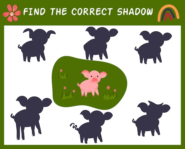 Find the correct shadow with farm animal Matching game for kid with pig