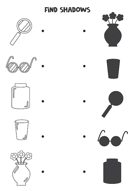 Find the correct shadows of black and white glass items Logical puzzle for kids