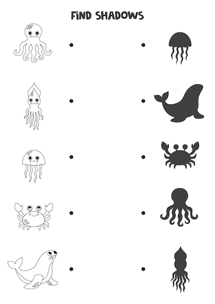 Find the correct shadows of black and white sea animals Logical puzzle for kids