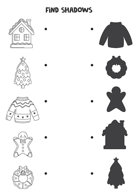 Find the correct shadows of black and white winter accessories Logical puzzle for kids