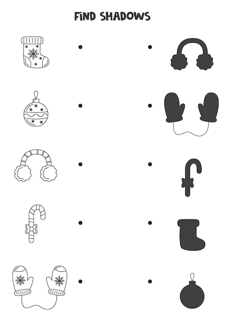 Find the correct shadows of black and white winter accessories Logical puzzle for kids