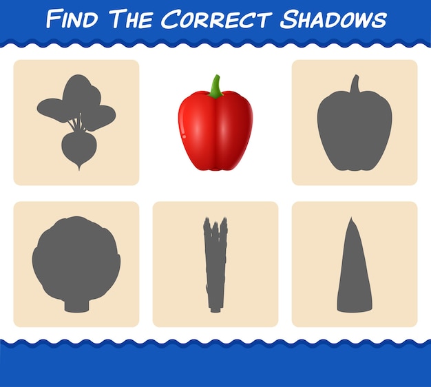 Find the correct shadows of cartoon bell pepper. Searching and Matching game. Educational game for pre shool years kids and toddlers