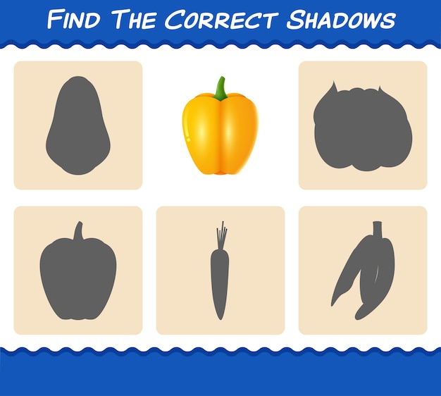 Find the correct shadows of cartoon bell pepper. searching and matching game. educational game for pre shool years kids and toddlers