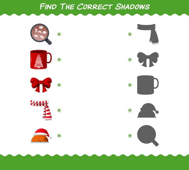 Find the correct shadows of cartoon christmas. Searching and Matching game. Educational game for pre shool years kids and toddlers