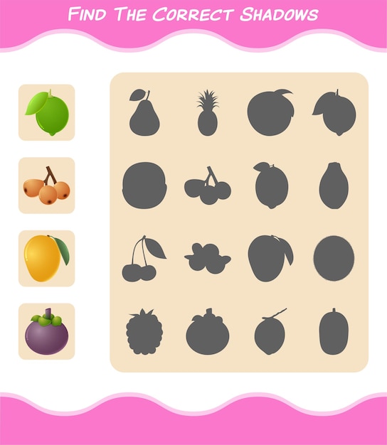 Find the correct shadows of cartoon fruits. Searching and Matching game. Educational game for pre shool years kids and toddlers