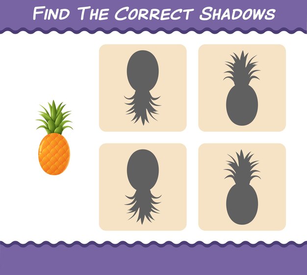 Find the correct shadows of cartoon pineapples. searching and matching game.