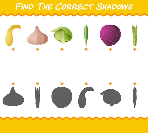 Find the correct shadows of cartoon vegetables. Searching and Matching game. Educational game for pre shool years kids and toddlers