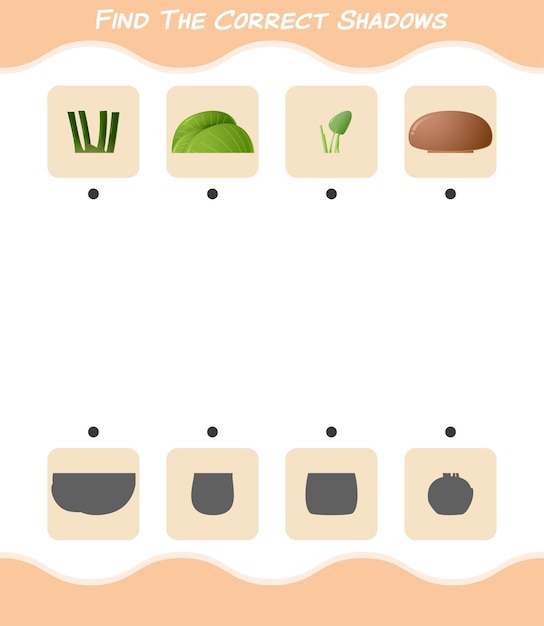 Find the correct shadows of cartoon vegetables. Searching and Matching game. Educational game for pre shool years kids and toddlers