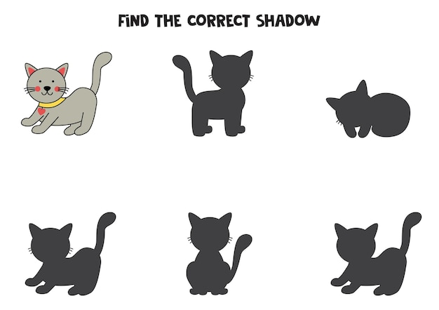 Find the correct shadows of cute gray cat logical puzzle for kids