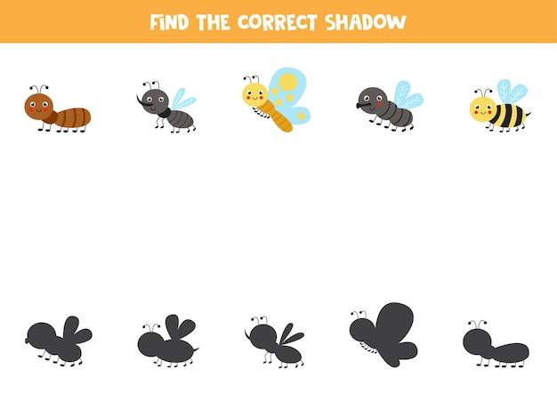 Find the correct shadows of cute insects. logical puzzle for kids.