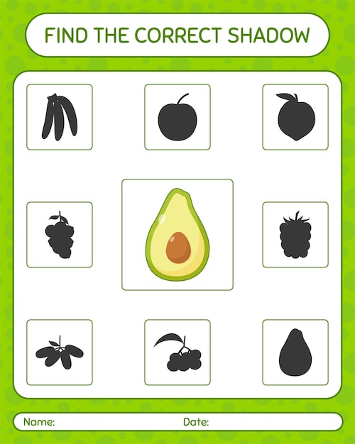 Find the correct shadows game with avocado. worksheet for preschool kids, kids activity sheet