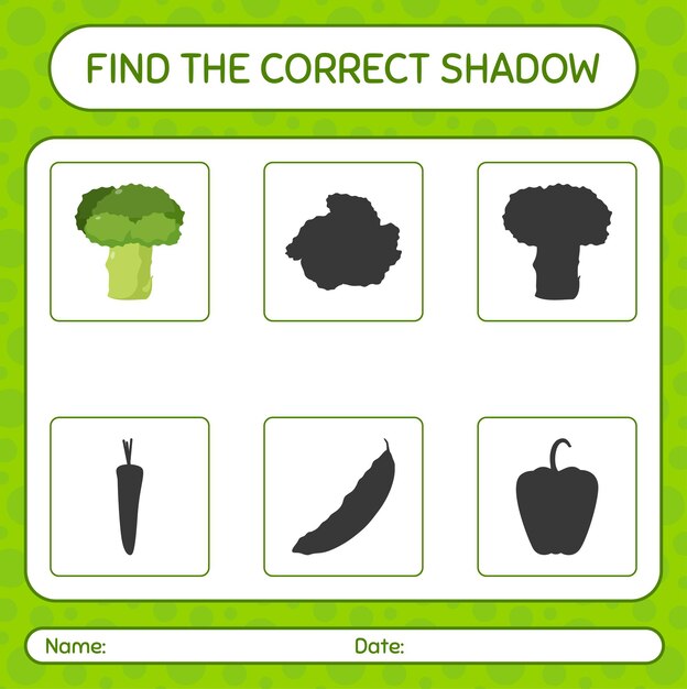 Find the correct shadows game with broccoli worksheet for preschool kids kids activity sheet