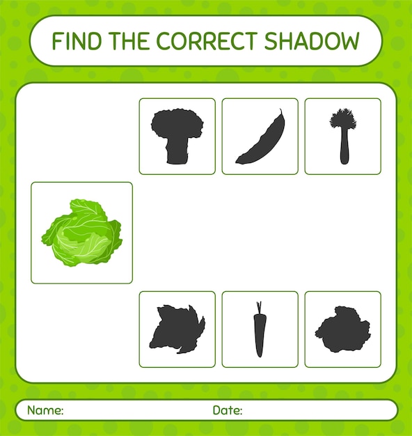 就学前の子供たちの子供たちの活動シートのためのキャベツワークシートで正しい影のゲームを見つけてください