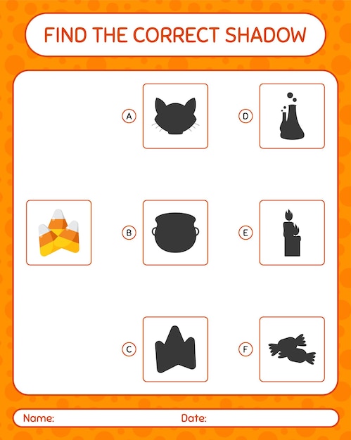 Find the correct shadows game with candy corn. worksheet for preschool kids, kids activity sheet