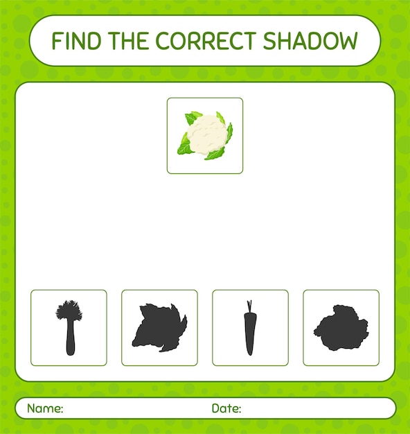 Find the correct shadows game with cauliflower. worksheet for preschool kids, kids activity sheet