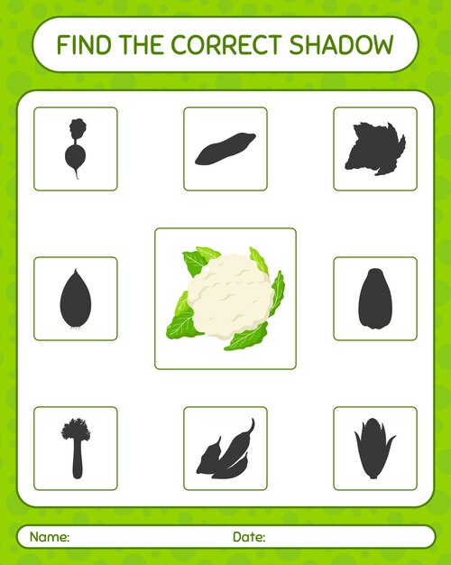 Find the correct shadows game with cauliflower. worksheet for preschool kids, kids activity sheet