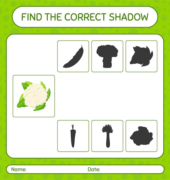 Find the correct shadows game with cauliflower worksheet for preschool kids kids activity sheet