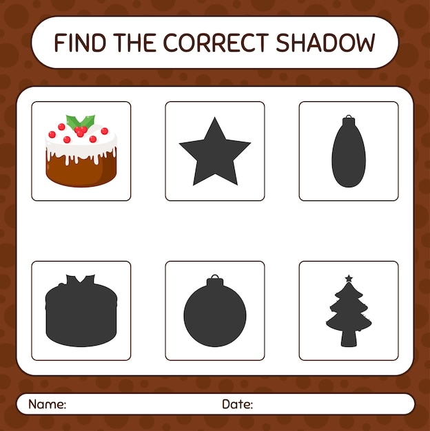 Find the correct shadows game with christmas cake. worksheet for preschool kids, kids activity sheet